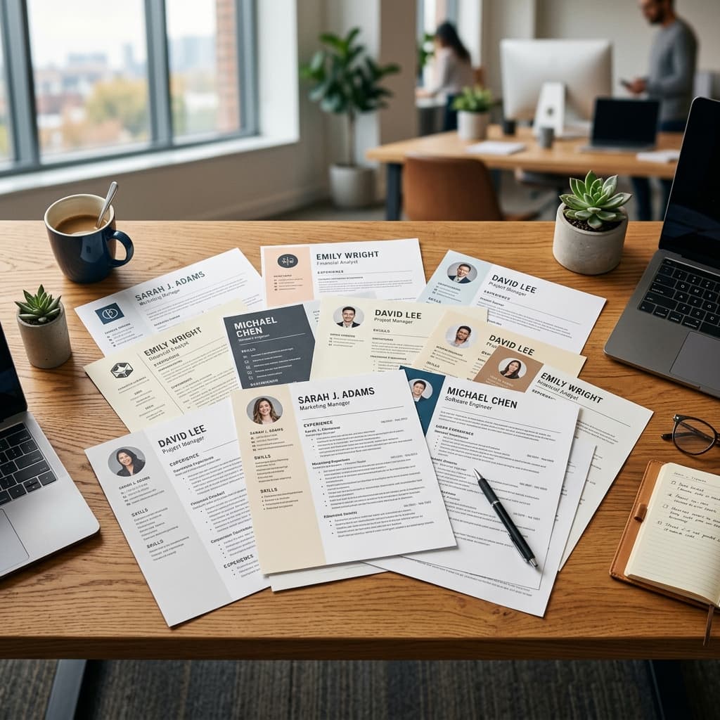 Variety of printed resumes scattered on a wooden table